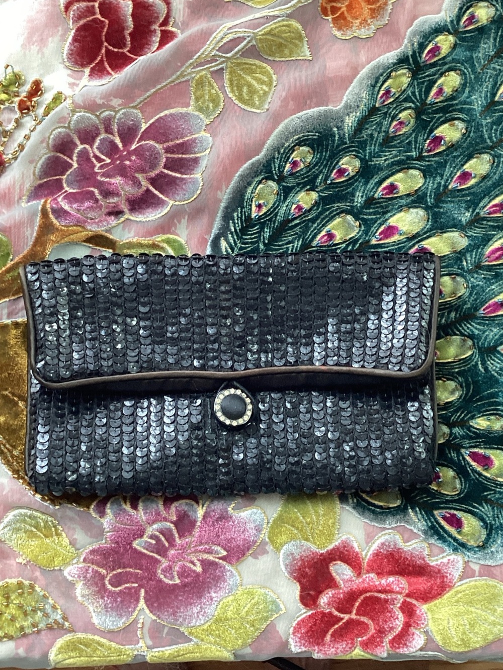 Norell Black Sequin Fold-Over Evening Clutch/Cosmetic Bag with Rhinestone Button
